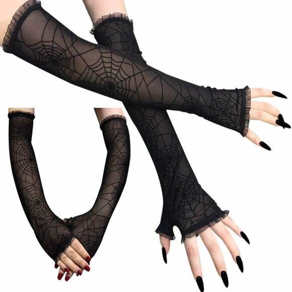 Halloween Skeleton Gloves for Women Men Stretchy Knitted Fingerless Hand Warmer - Picture 1 of 8